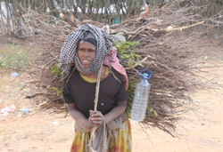 Trockenes Geäst zur Stabilisierung der Tukuls findet sich schnell. Für Wasser müssen viele der Familien bis zu 13 Kilometer Fußmarsch auf sich nehmen. Foto: humedica/Ruth Bücker