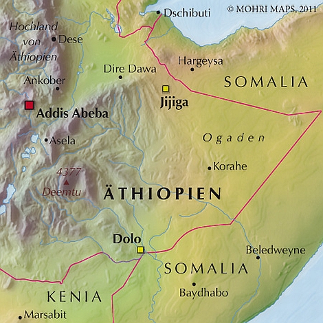 In Jijiga arbeitete das humedica-Team während der ersten Einsatztage, die Region um Dolo ist der momentane Standort der Helfer und wird auch Ziel des nächsten Einsatztrupps sein. Kartographie: Lars Mohri für mohri-maps.de
