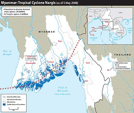 24 Millionen Menschen sind unmittelbar von der Katastrophe betroffen; die blauen Flächen kennzeichnen die überfluteten Gebiete im Süden Myanmars. Quelle/Illustration: reliefweb.int