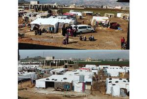 Ein Teil eines der Flüchtlingslager, in denen humedica medizinisch behandelt, im Herbst 2012 (oben) und im Vergleich dazu im Frühjahr 2013. Fotos: humedica/Volker Baumann